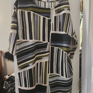 Geometric Striped Short Sleeve Tunic - Olive, Navy, Cream